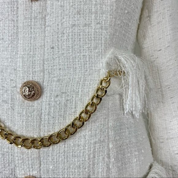 Luxdress Chunky Chain Fringe Button Front Long Sleeve Tweed Mini Dress - Picture 3 of 10